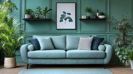 Green Living Room with Sofa, Plants, and Decor