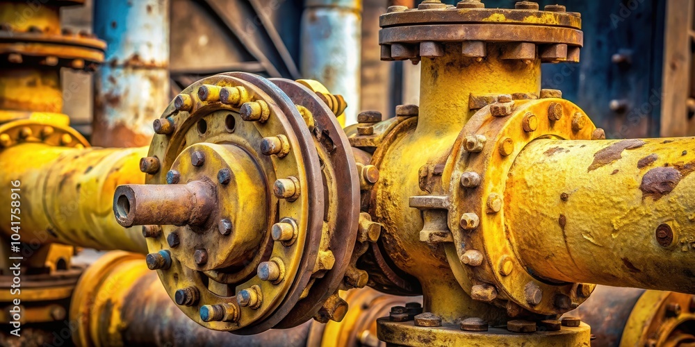 Poster a close-up of a rusty industrial valve with a yellow paint job and intricate bolts and nuts.