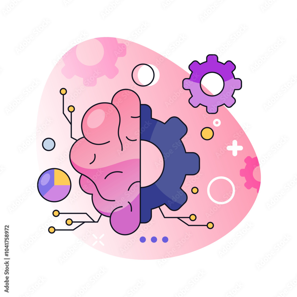Poster AI technologies advancement and development. Vector isolated brain and setting gear, artificial intelligence with ability for critical thinking, creativity and problems solutions, analysis of data