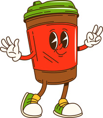 Cartoon groovy Christmas coffee character with cheerful expression and peace sign. Isolated vector disposable cup, fast food personage with playful smiling face. Retro Hot drink mug in green and red