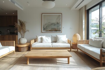 Minimalist, contemporary Scandinavian interiors in the living room with ceiling lights, art frames and sofas. Generative AI
