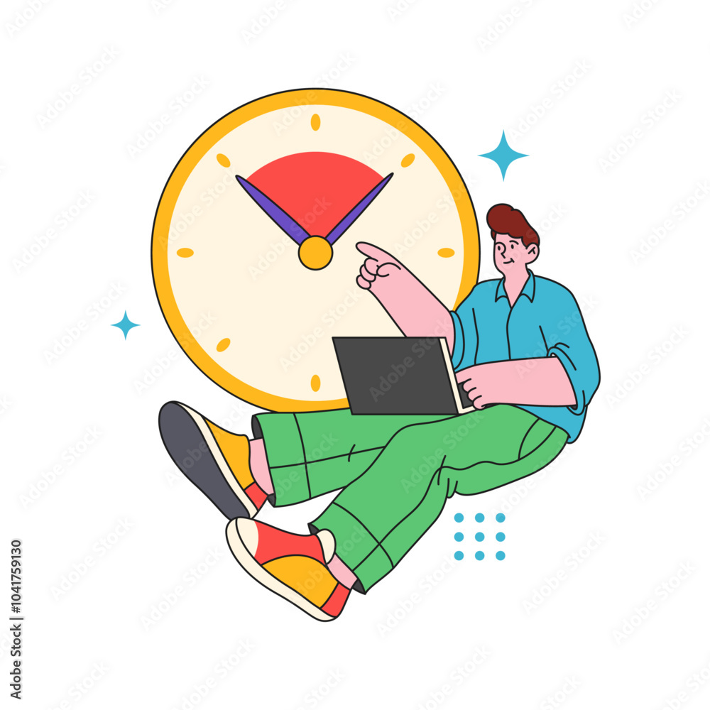 Poster Employee working on project completion on time. Vector flat cartoon character with productivity booster tools, showing clock with deadline measurements. Efficient worker or freelancer