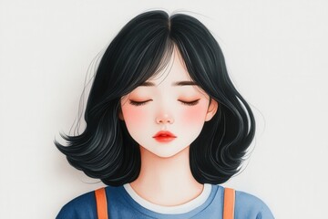 A serene portrait of a young woman with closed eyes, showcasing a peaceful expression and soft features on a white background.