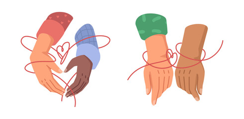 Man and woman holding hands, couple tied with red string. Vector romantic feeling and binding, connection and feeling of deep devotion and love. People touching each other, connected pair