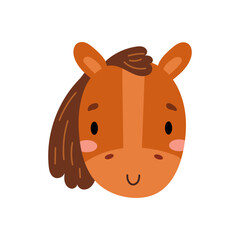 Horse snout icon, isolated cute domesticated creature face of pet. Vector stallion facial smiling muzzle expression, pony emoticon with blush on cheeks. Cartoon character with long mane