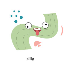 Silly face personage, abstract funny character sticking out tongue and looking with different eyes on sides. Vector playful facial expression shows emotions of content. or , sticker