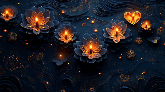 Several small, dark-colored candles are lit, on a dark textured surface with gold decorations and yellow flowers. Happy Diwali