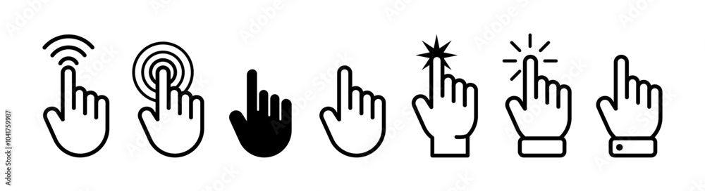 Aufkleber Tapping or selecting button on touchscreen. Vector isolated flat icons of retro cursors with hand and clicking interaction. UI and UX experience of user using application or programs in web