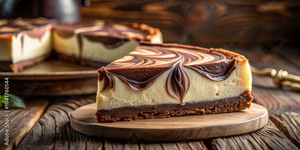 Poster A slice of chocolate swirl cheesecake on a wooden board with a rustic background.