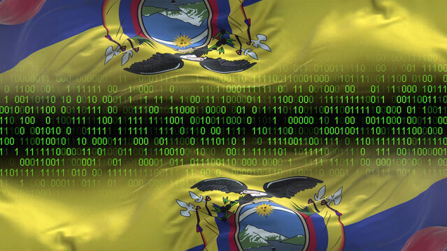Ecuador flag - 3D realistic waving flag on matrix digital background with binary code