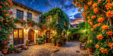 Fototapeta premium Beautiful Courtyard with House Facade Adorned by Orange Trumpet Flowers in a Lush Garden Setting