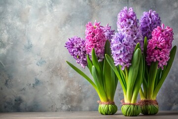 Obraz premium Beautiful Hyacinth Flowers in Lilac Shades on Gray Wall Background for Indoor Plant Enthusiasts
