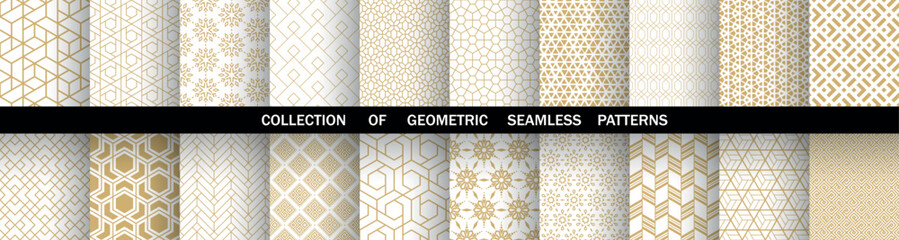 Geometric set of seamless golden and white patterns. Simple vector graphics