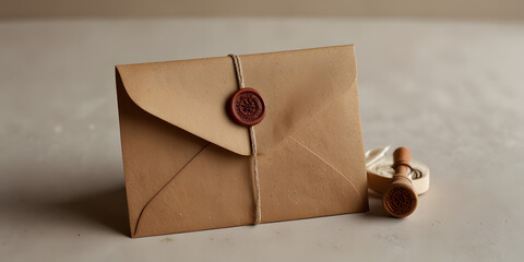 Kraft paper envelope sealed with wax seal, elegant design	
