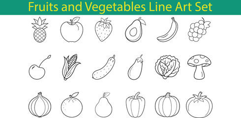 Fruits and Vegetables Line Art Set Illustration