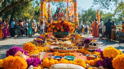 Colorful Day of the Dead altar with offerings of food, candles, and marigold flowers in a public square, people in traditional Mexican dress enhancing the cultural ambiance. Day of the Dead