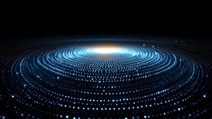 Obraz premium Swirling patterns of blue lights form a captivating cosmic display, illuminating a central glow against a deep black background, creating an enchanting digital art piece.