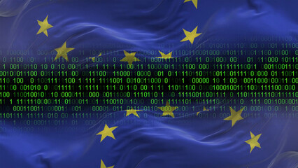 Europe flag - 3D realistic waving flag on matrix digital background with binary code © Myvector