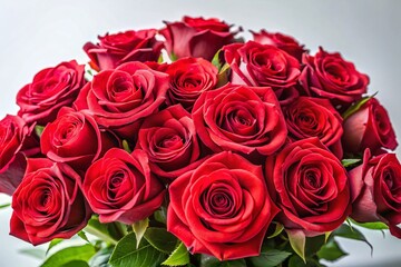 Obraz premium Beautiful Red Roses and Petals on White Background for Romantic Decor and Floral Arrangements