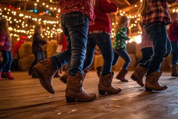 Children enjoying a lively line dance in rustic barn setting