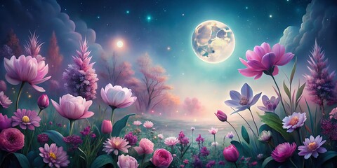 Obraz premium Beautiful Spring Banner Design with Soft Pastel Floral Elements for Night Photography Inspiration