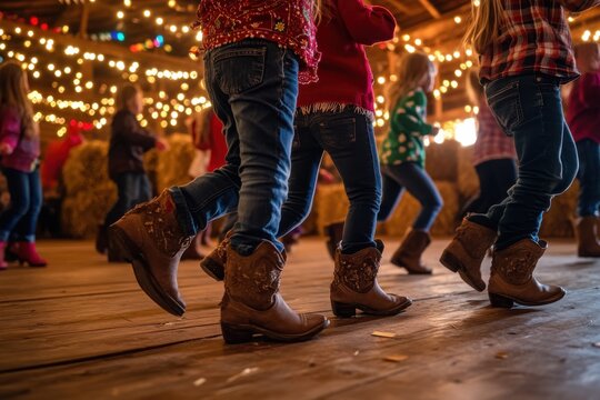 Children enjoying a lively line dance in rustic barn setting