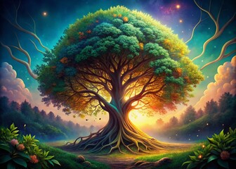 Beautiful Tree of Life Symbolizing Individuality, Prosperity, and Growth in Digital Art