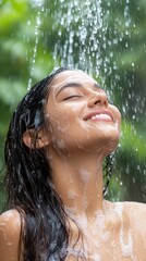 Obraz premium Serene Indian Woman Enjoying Refreshing Rain Shower