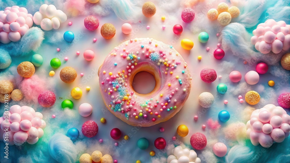 Poster a whimsical composition featuring a pink frosted donut adorned with colorful sprinkles, surrounded b