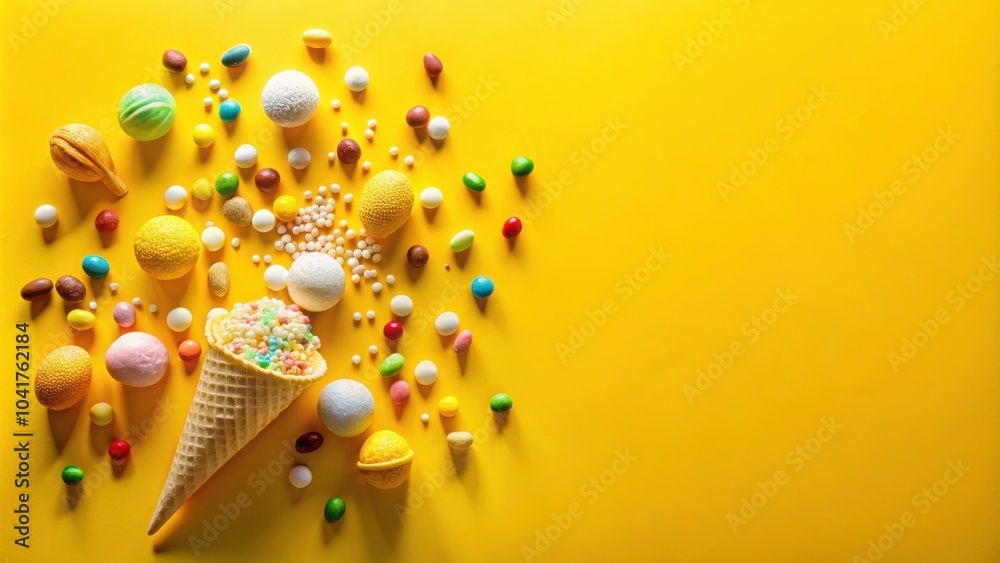 Poster a cone filled with colorful sprinkles, surrounded by an assortment of candy, spheres, and other play