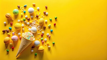 A cone filled with colorful sprinkles, surrounded by an assortment of candy, spheres, and other playful elements, creates a vibrant and whimsical display on a bright yellow backdrop.