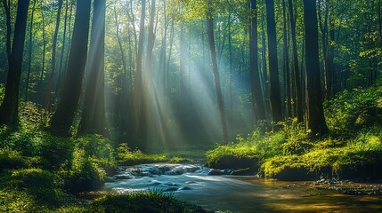 Fototapeta premium Serene Forest with Sunlight Streaming Through Trees