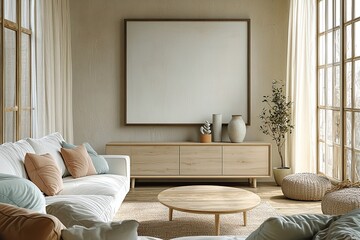 A modern Scandinavian interior in the living room with minimalist, wood cabinetry and sofa views. Generative AI

