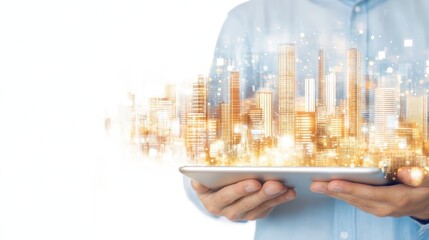 Businessperson holding a tablet with a futuristic city overlay, representing digital innovation