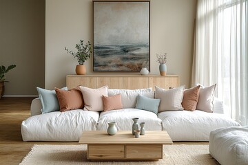 A modern Scandinavian interior in the living room with minimalists, art frames, wood cabinets and sofas. Generative AI
