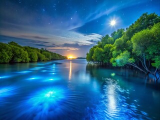 Fototapeta premium Bioluminescent Plankton Waves in Nighttime Mangrove Forests of Samut Sakhon, Thailand
