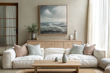 A modern Scandinavian interior in the living room with minimalists, art frames, wood cabinets and sofas. Generative AI
