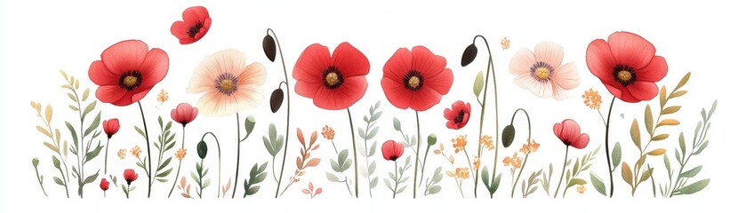 Obraz premium Beautiful watercolor illustration of vibrant poppy flowers with delicate foliage on a white background.