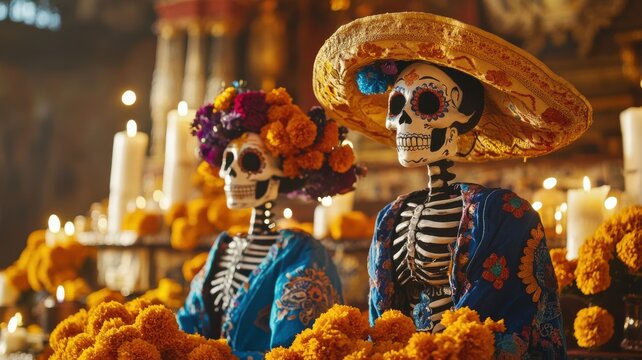 Full-body view of calacas in colorful clothing before a Day of the Dead altar, marigold flowers and candles around them, joyful cultural tone under bright daylight. Day of the Dead