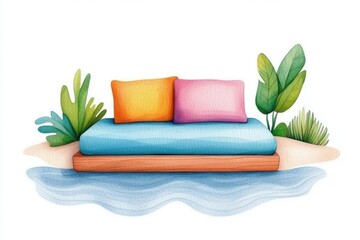 Bright and colorful sofa with cushions surrounded by tropical plants and water.