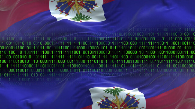 Haiti flag - 3D realistic waving flag on matrix digital background with binary code