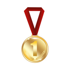 Gold medal icon. Number one symbol. Red ribbon award. Victory achievement.