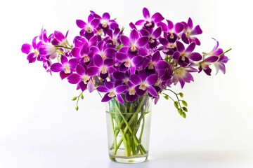 Bouquet of purple dendrobium orchids in clear vase on white background