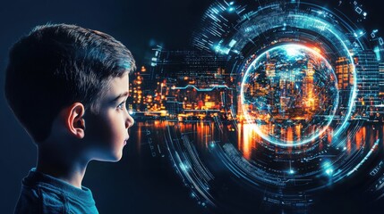 Fototapeta premium In a futuristic city, a young boy marvels at a holographic globe and data streams, showcasing advanced innovation and global connectivity. 