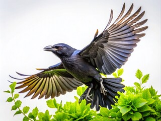 Naklejka premium Black Crow in Flight Among Green Leaves Against White Background - Stunning Macro Photography