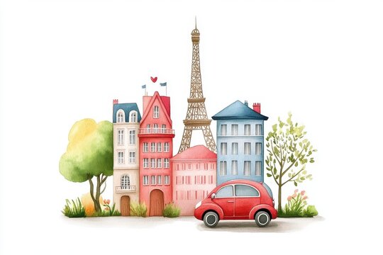 Charming watercolor illustration of colorful buildings, a red car, and the Eiffel Tower on a white background.