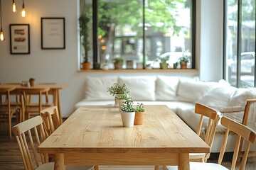 Obraz premium Wooden Cafe This is the cafe's modern Scandinavian interior with tables and chairs. Generative AI 