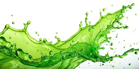 Bright green liquid splatter on a white background with bubbles and dynamic shapes