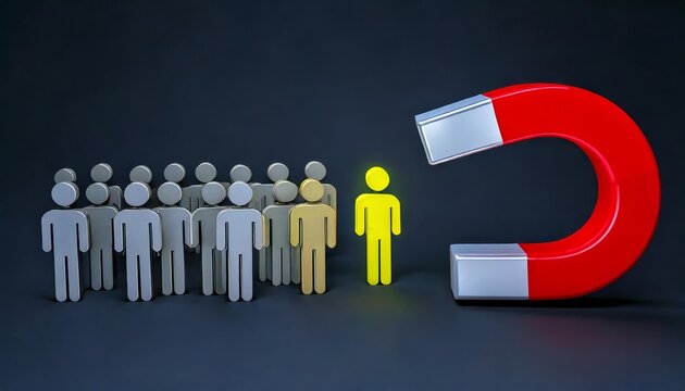 A magnet attracts a unique figure from a group of identical silhouettes, symbolizing influence and attraction in a visual metaphor.