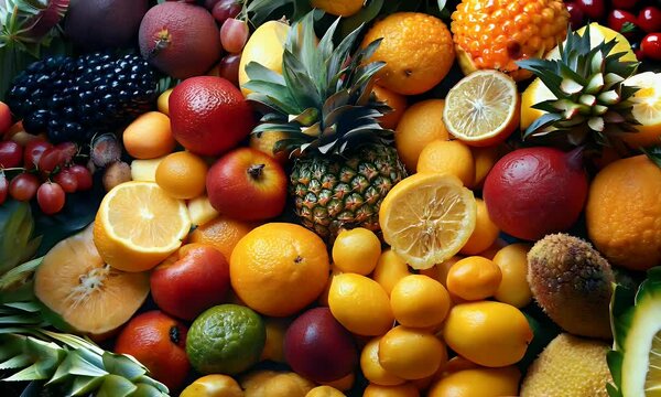 A vibrant assortment of fresh fruits arranged artistically for visual appeal and healthy eating.